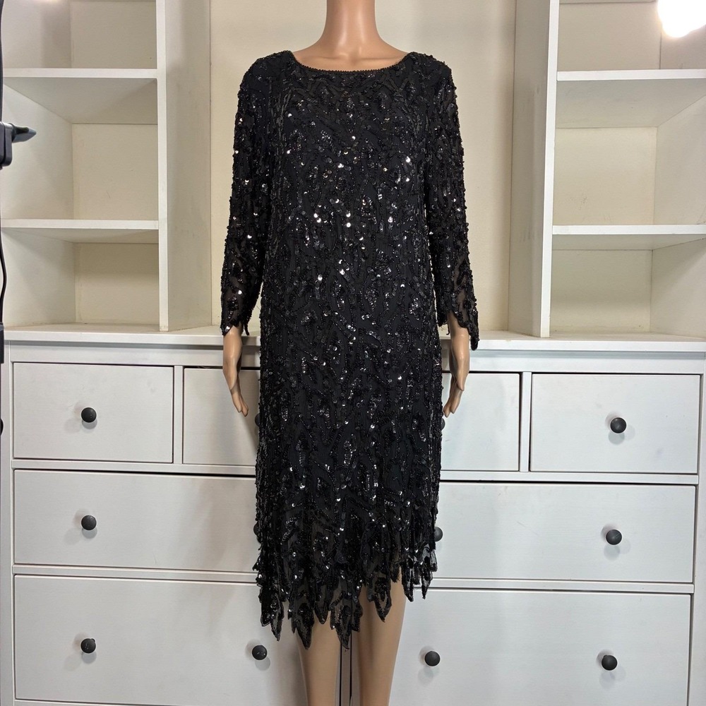 Evening Elegance Black Beaded Sequin Long‎ Sleeve Sheath Dress M